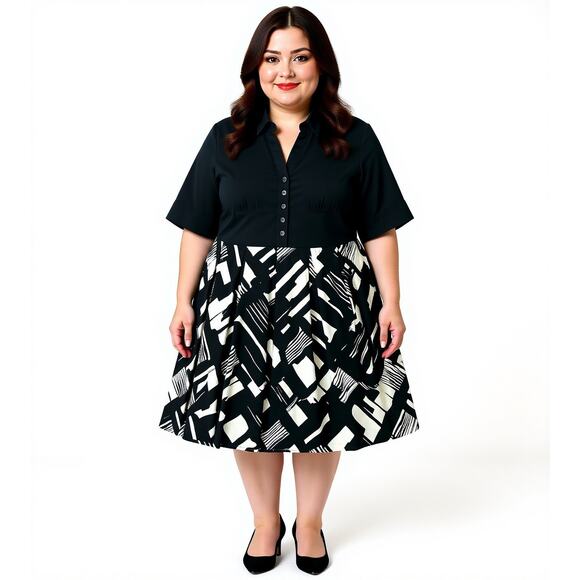 Donna Ricco Dresses & Skirts - Donna Ricco 1/2 Sleeve Midi Black White A Line Pleated Dress Plus Sz 22 3X